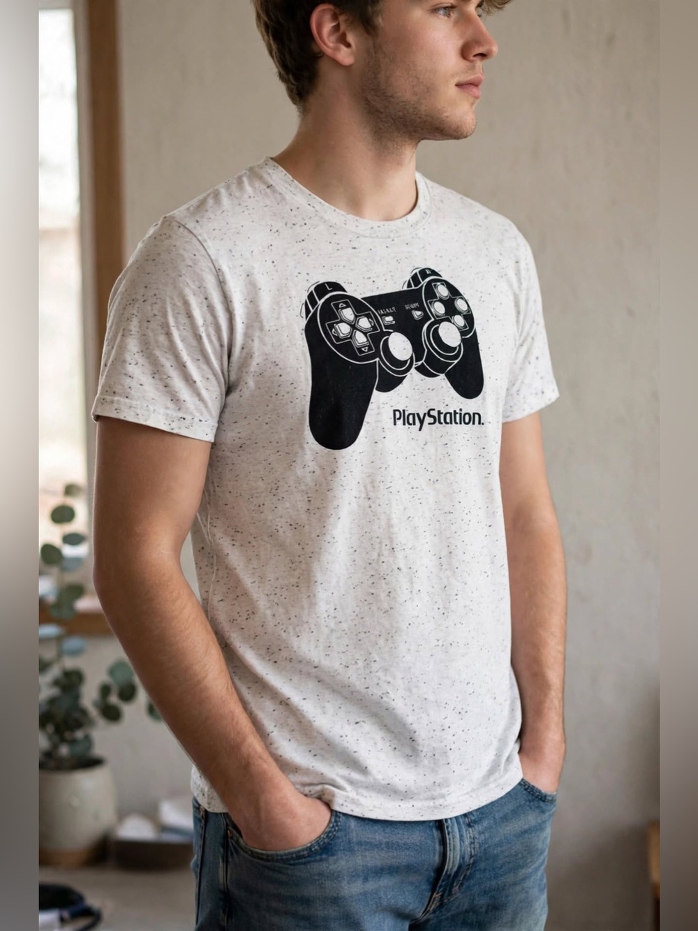Sony PlayStation Controller Graphic Tee - White Speckled - Youth XL 18/20 Fits A
